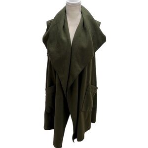 Le Moda Open Front Fleece Vest Cardigan Long Line Olive Green Pockets Lagenlook